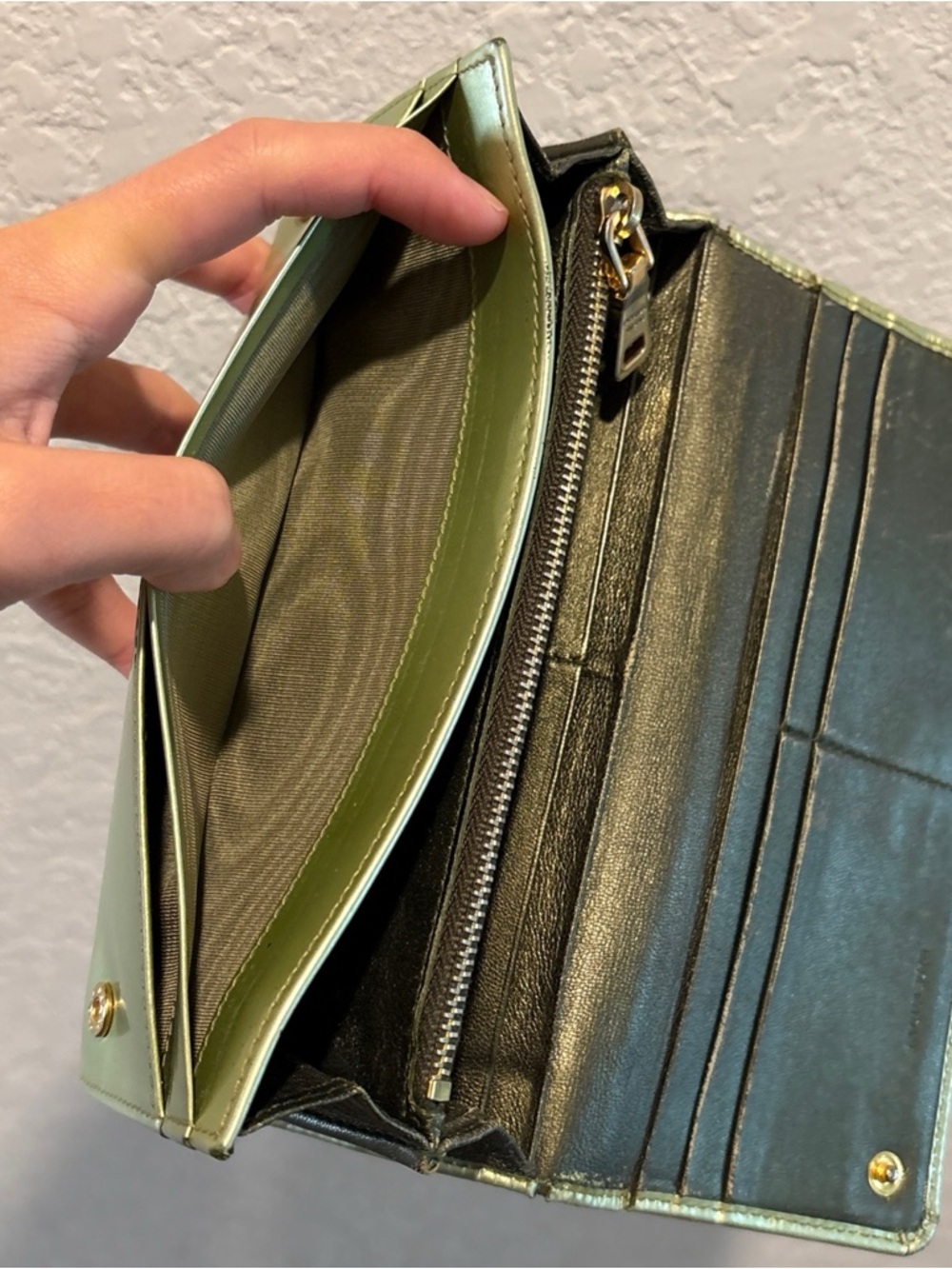 Prada Light Green Patent Leather Long Continental Snap Wallet with Gold Logo - Picture 3 of 15